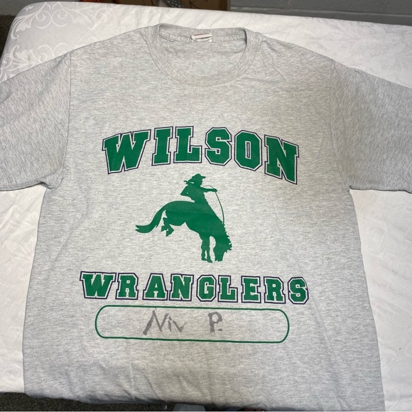 Vintage T Shirt School Wilson Wrangler Cowboy Heather Gray Gym Muscle Niv Green - Picture 6 of 6